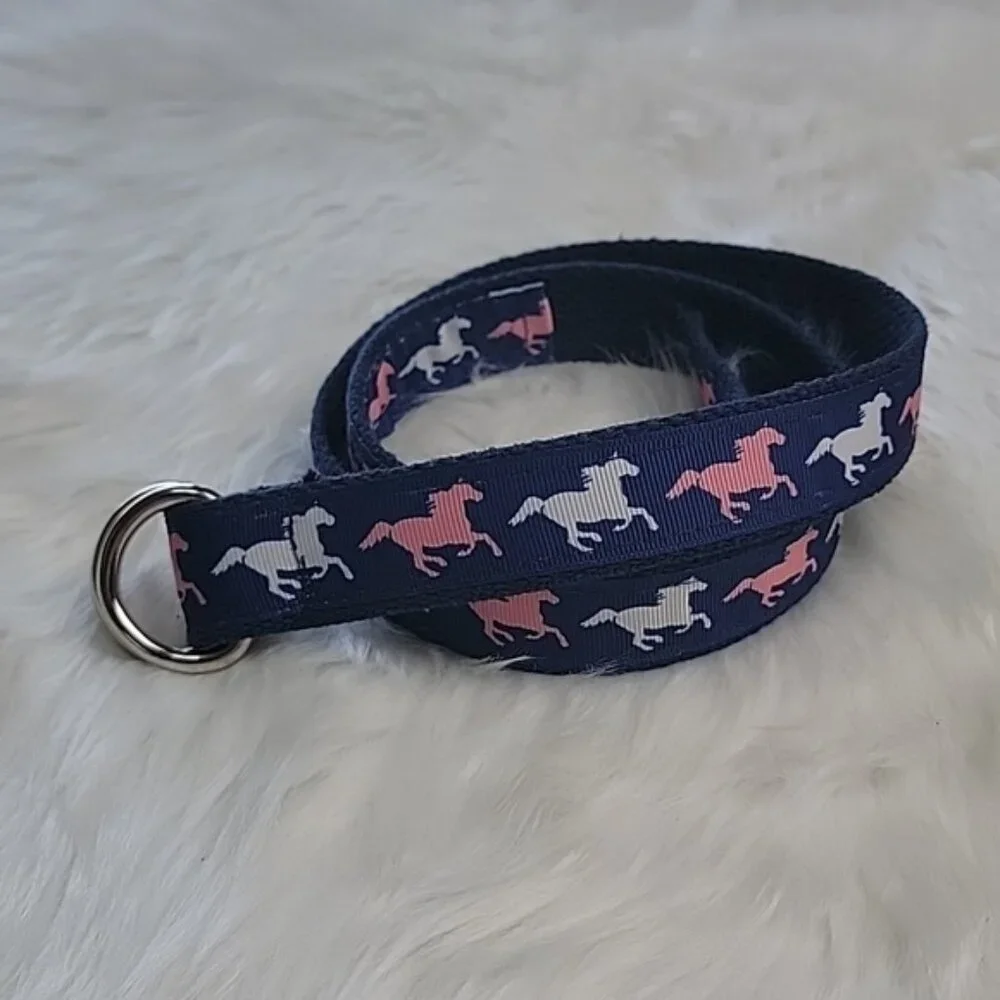NAVY BLUE Girl's Canvas Pink White Horse‎ Equestrian Preppy Adjustable Belt 2XL